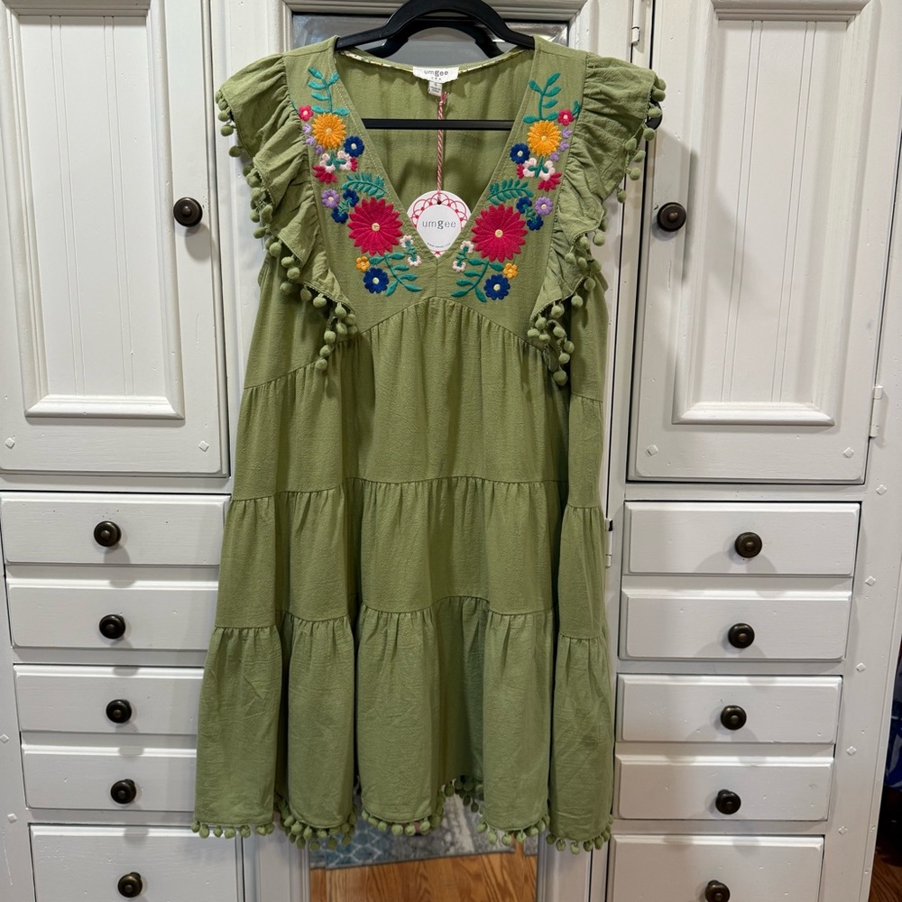 Umgee Small Olive Green Tiered Dress with Multicolor Floral Embroidery - Picture 2 of 7